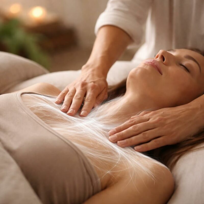 Sessão de trabalho corporal com foco na fáscia e regulação do sistema nervoso, com mulher em posição relaxada e toque terapêutico suave.