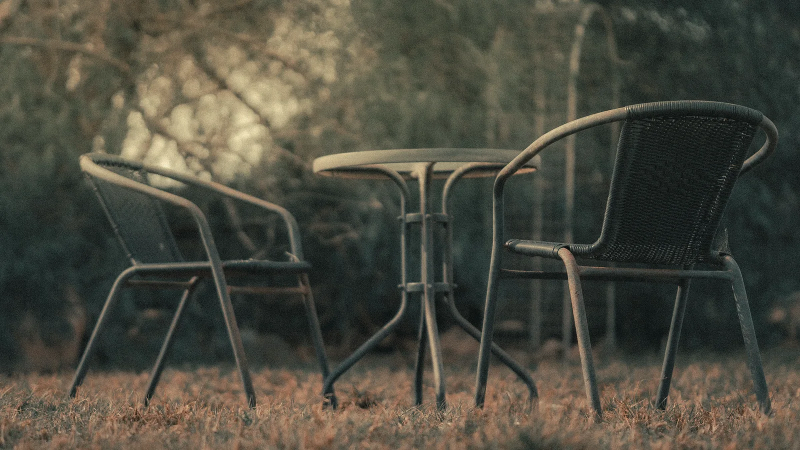Duas cadeiras e uma mesa redonda vazias num jardim, em contraluz suave.