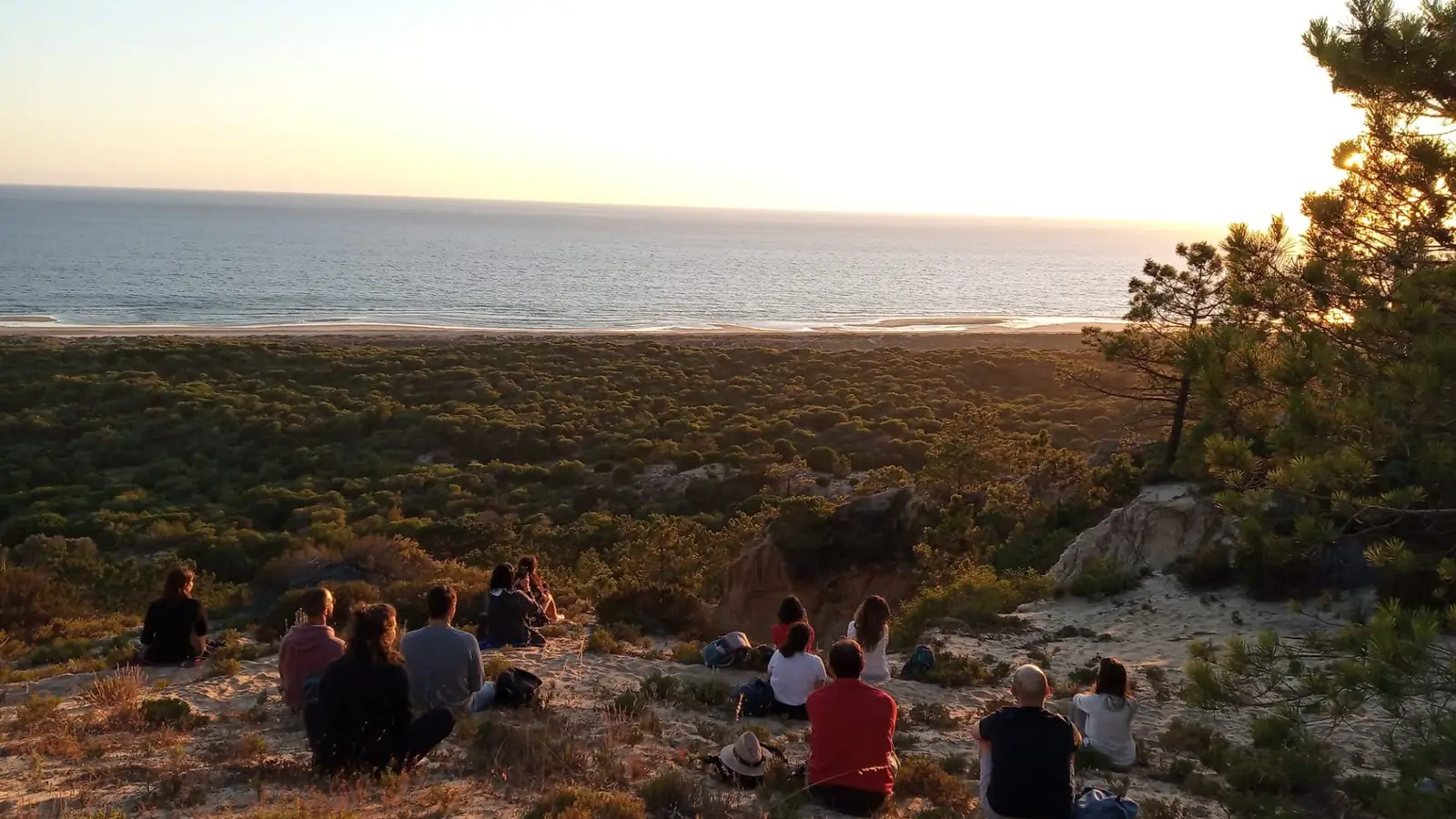 Grupo de pessoas sentadas de costas numa encosta, voltadas para o mar ao fim da tarde.