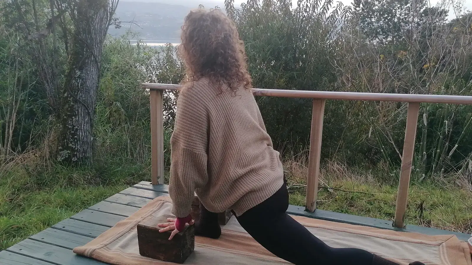 Eugénia Amaro sentada de costas sobre uma manta num deck de madeira, com um bloco de apoio, diante de vegetação e água.
